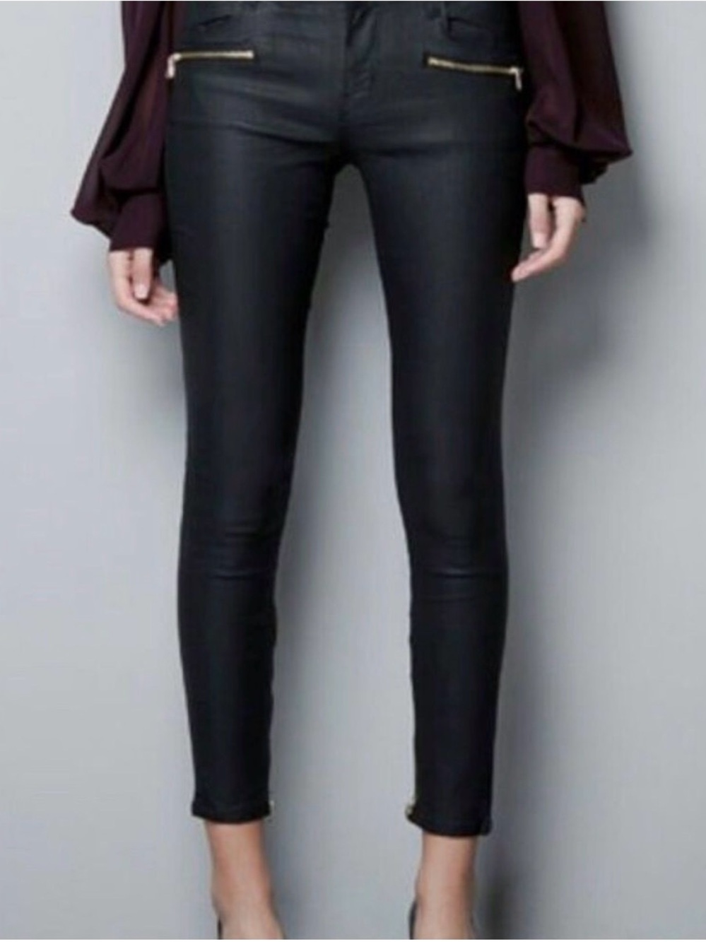 Zara Black Vegan Leather Y2K Moto Jeans Size 2 - Picture 2 of 10